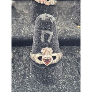 Vintage Sterling Silver Irish Claddagh Ring Size 8- Garnet